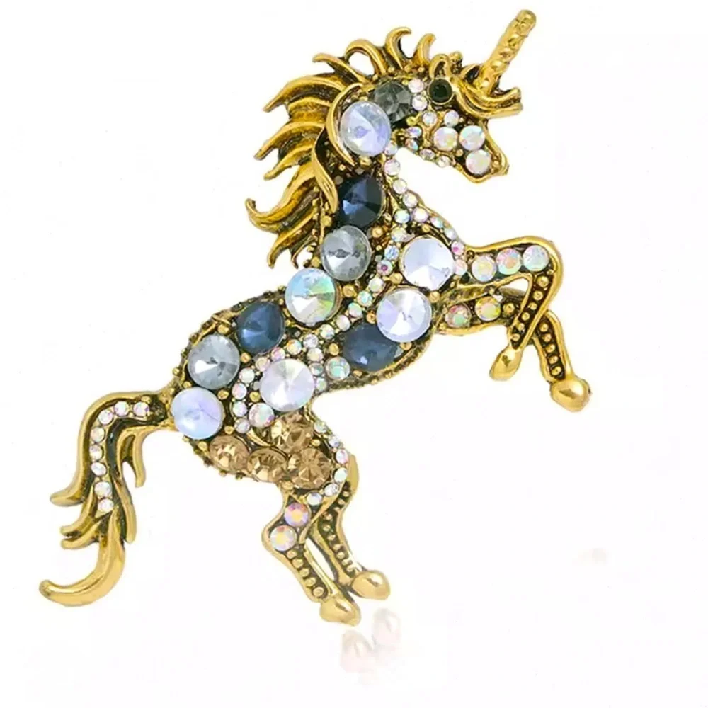 Vintage Gold Unicorn Brooch with Multicolor Gems